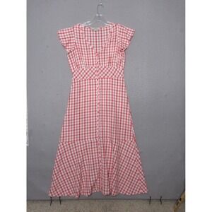 Loft Dress 4 Red White Gingham Plaid Flutter Sleeve Midi Picnic Cottage Summer